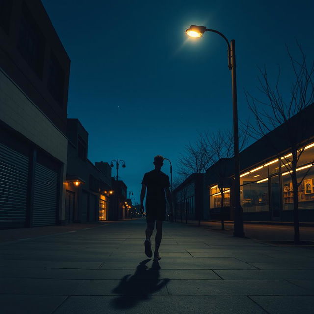 A thin man walking alone on a deserted sidewalk at night, with his body casting a long shadow under a dim street lamp