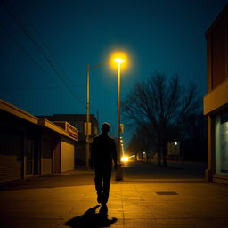A thin man walking alone on a deserted sidewalk at night, with his body casting a long shadow under a dim street lamp