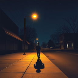 A thin man walking alone on a deserted sidewalk at night, with his body casting a long shadow under a dim street lamp