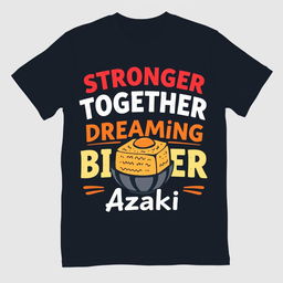 A stylish t-shirt design featuring the inspirational phrases "Stronger Together" and "Dreaming Bigger" in bold, modern typography