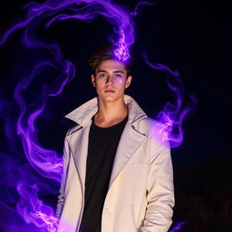 A young man around 26 years old, charismatic and powerful, surrounded by swirling purple fire