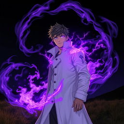A young man around 26 years old, charismatic and powerful, surrounded by swirling purple fire