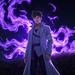 A young man around 26 years old, charismatic and powerful, surrounded by swirling purple fire