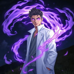 A young man around 26 years old, charismatic and powerful, surrounded by swirling purple fire