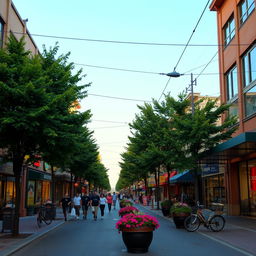 A bustling urban street scene, filled with vibrant shops and colorful storefronts