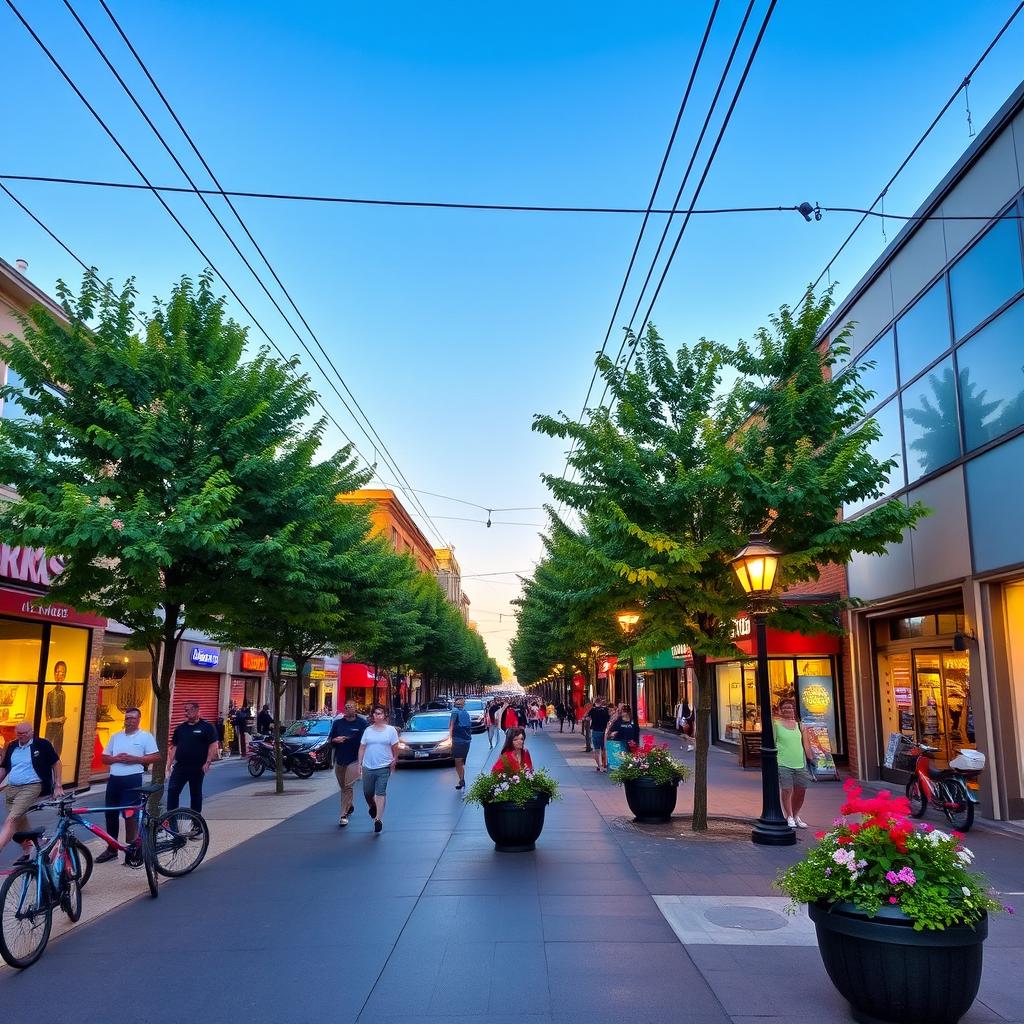 A bustling urban street scene, filled with vibrant shops and colorful storefronts