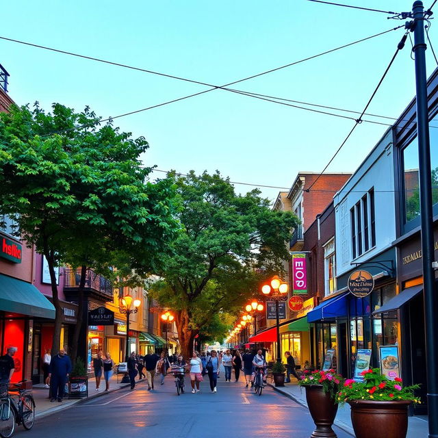 A bustling urban street scene, filled with vibrant shops and colorful storefronts