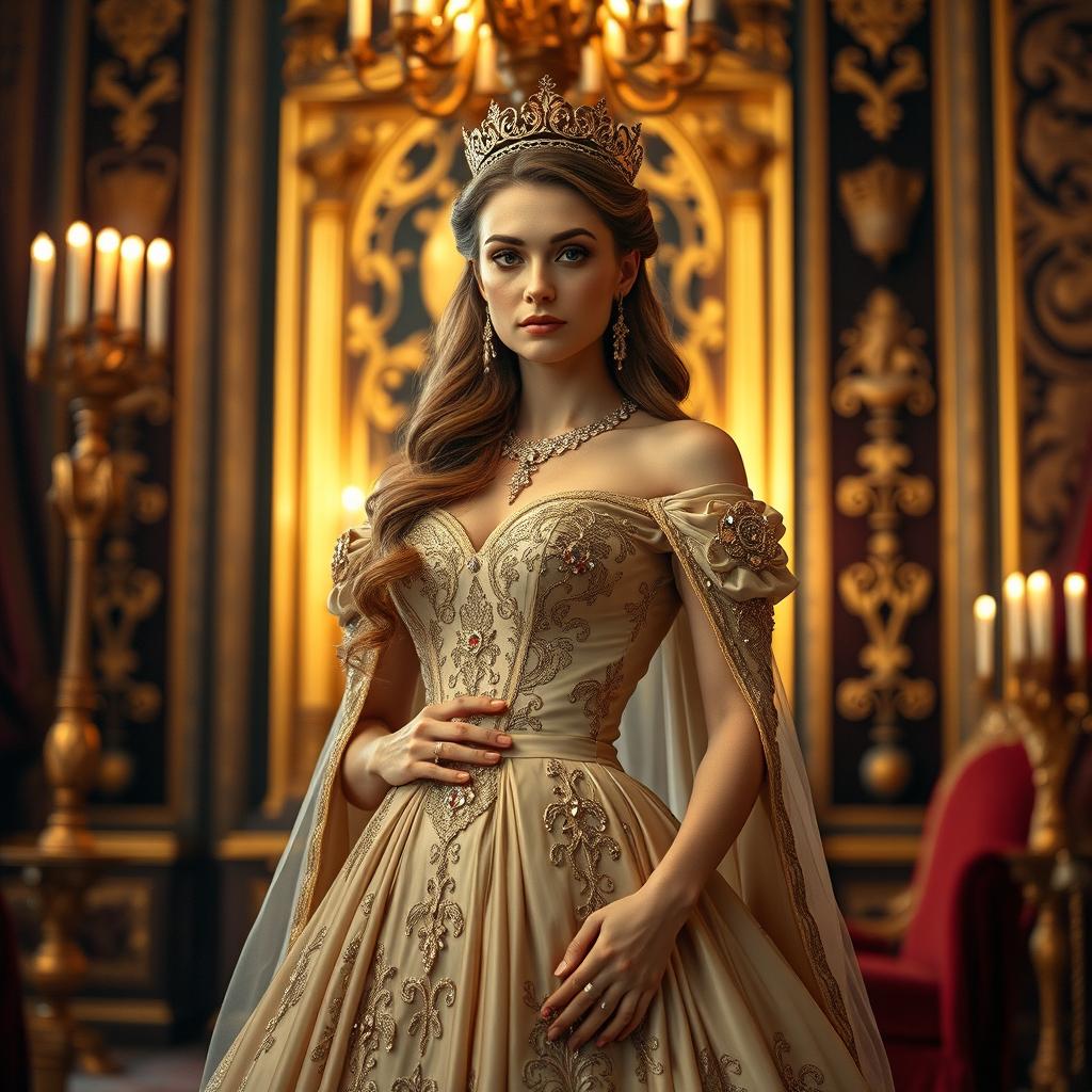 A royal woman adorned in elegant attire, showcasing intricate detailing in her gown with luxurious fabrics and embellishments