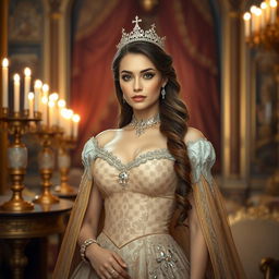 A royal woman adorned in elegant attire, showcasing intricate detailing in her gown with luxurious fabrics and embellishments