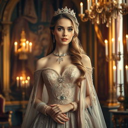 A royal woman adorned in elegant attire, showcasing intricate detailing in her gown with luxurious fabrics and embellishments