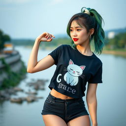 A stunning Asian woman striking an elegant and captivating pose, intimately dressed in a black t-shirt featuring a cute cat graphic with the words 'Min Grace'