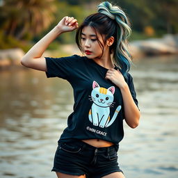 A stunning Asian woman striking an elegant and captivating pose, intimately dressed in a black t-shirt featuring a cute cat graphic with the words 'Min Grace'