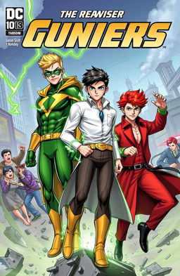 A comic book cover featuring three superhero teenagers in an action-packed scene