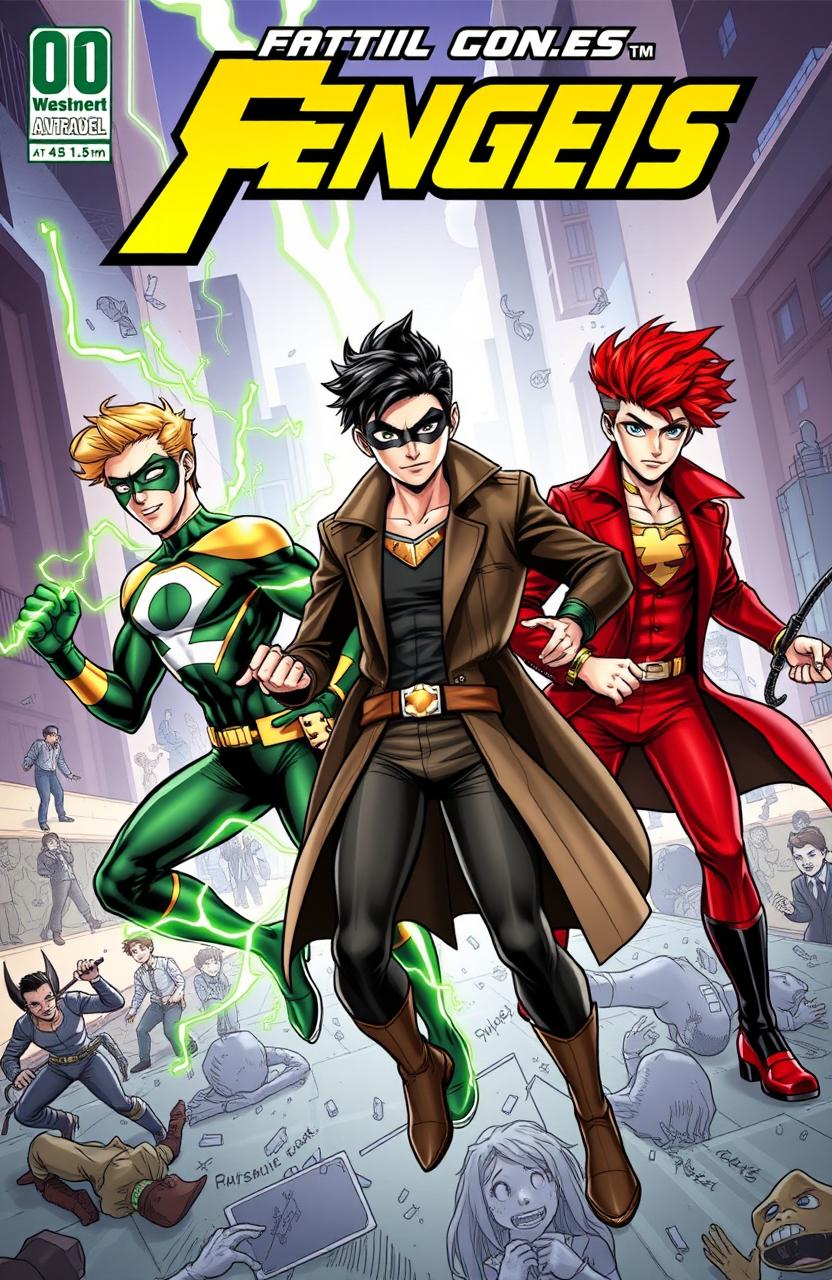 A comic book cover featuring three superhero teenagers in an action-packed scene