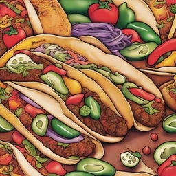 A lively, high-quality drawing featuring multiple tacos, created using coloured sharpie markers