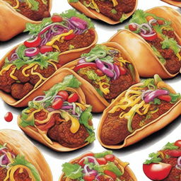 A lively, high-quality drawing featuring multiple tacos, created using coloured sharpie markers