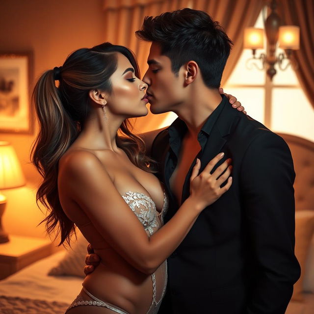 A sexy young woman with striking features, wearing a beautiful, revealing outfit, and a handsome young man exuding confidence, showing their chemistry in a romantic and intimate setting