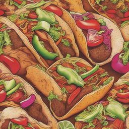 A lively, high-quality drawing featuring multiple tacos, created using coloured sharpie markers