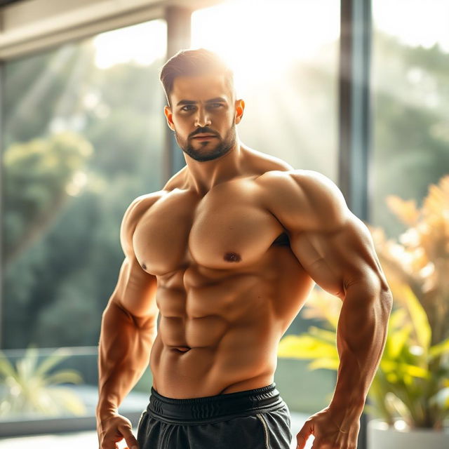 A confident man showcasing an impressive physique, standing in a dynamic pose that highlights his muscular build