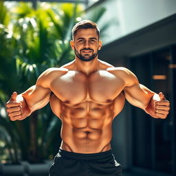 A confident man showcasing an impressive physique, standing in a dynamic pose that highlights his muscular build