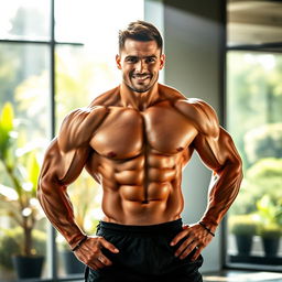 A confident man showcasing an impressive physique, standing in a dynamic pose that highlights his muscular build