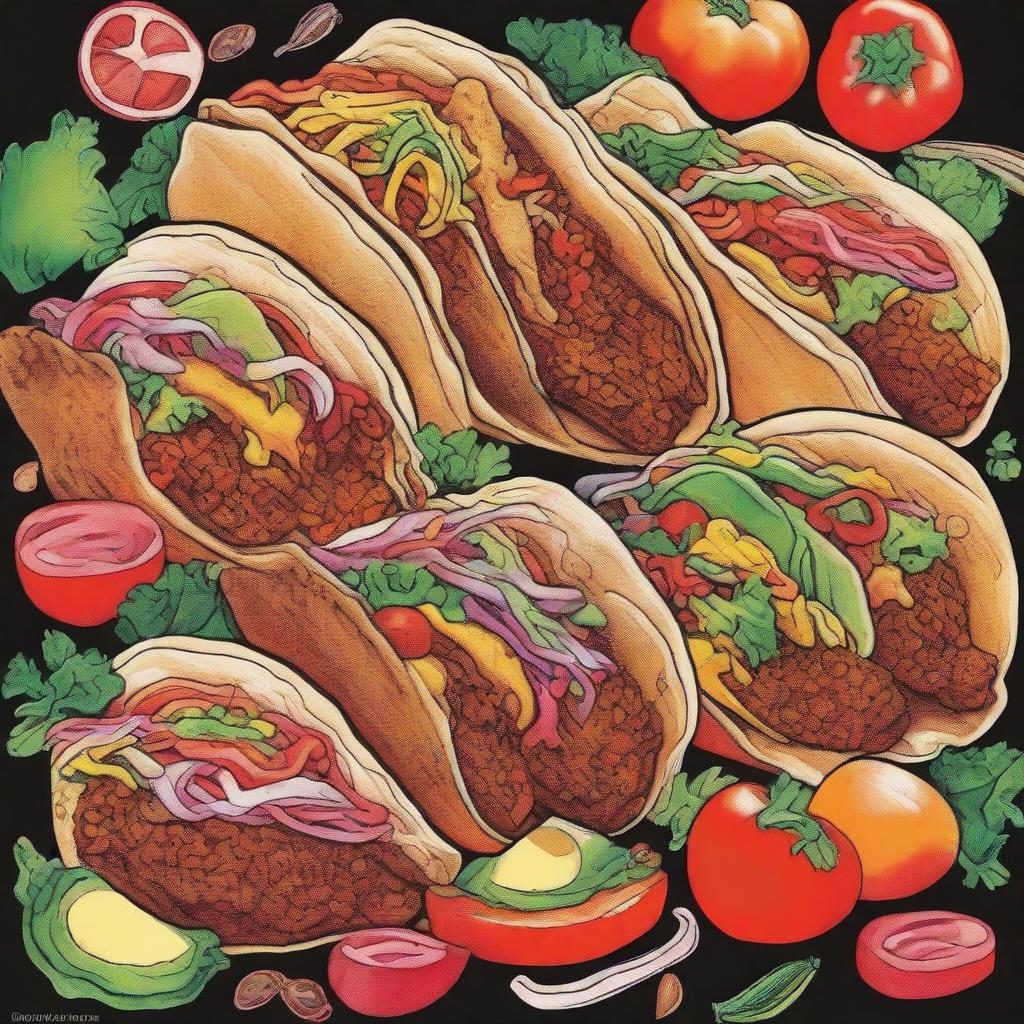 A lively, high-quality drawing featuring multiple tacos, created using coloured sharpie markers