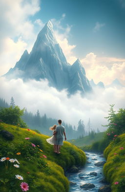A tranquil fantasy landscape featuring misty, ethereal mountains that rise majestically into the cloudy sky, enveloped in a soft, dreamlike haze