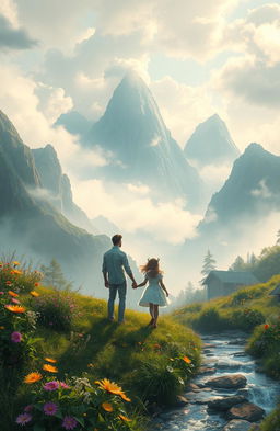 A tranquil fantasy landscape featuring misty, ethereal mountains that rise majestically into the cloudy sky, enveloped in a soft, dreamlike haze