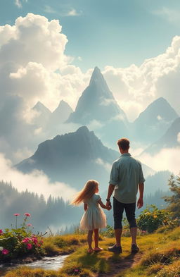 A tranquil fantasy landscape featuring misty, ethereal mountains that rise majestically into the cloudy sky, enveloped in a soft, dreamlike haze