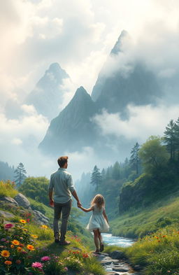 A tranquil fantasy landscape featuring misty, ethereal mountains that rise majestically into the cloudy sky, enveloped in a soft, dreamlike haze