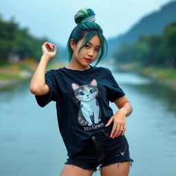 A beautiful Asian woman poses gracefully and attractively, intimately dressed in a black t-shirt featuring a cat graphic with the text 'Min Grace'