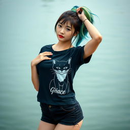 A beautiful Asian woman poses gracefully and attractively, intimately dressed in a black t-shirt featuring a cat graphic with the text 'Min Grace'