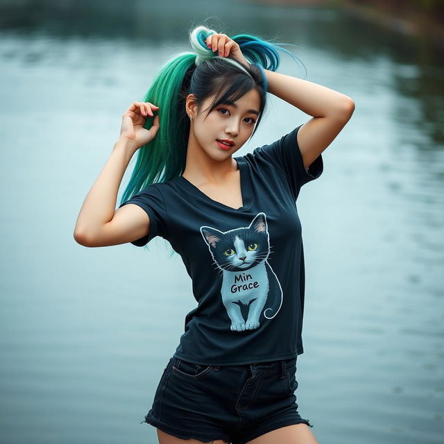 A beautiful Asian woman poses gracefully and attractively, intimately dressed in a black t-shirt featuring a cat graphic with the text 'Min Grace'