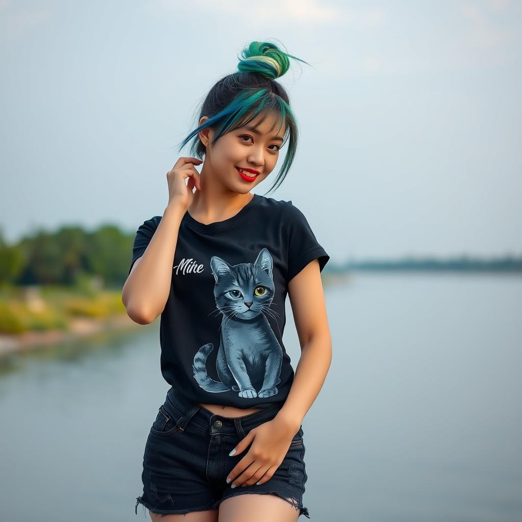 A beautiful Asian woman poses gracefully and attractively, intimately dressed in a black t-shirt featuring a cat graphic with the text 'Min Grace'