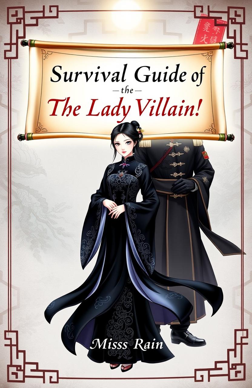 A stunning book cover featuring a lady in an elegant black Chinese Hanfu, with intricate patterns and flowing fabric