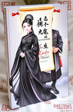 A stunning book cover featuring a lady in an elegant black Chinese Hanfu, with intricate patterns and flowing fabric