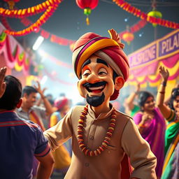 A lively scene with a character named Lal Singh Chadda, showcasing a festive atmosphere