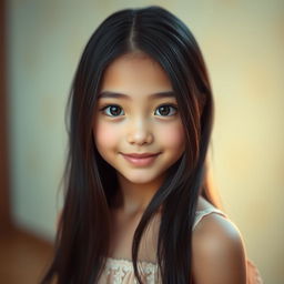 A captivating portrait of a beautiful girl with long black hair, big expressive eyes, and a lovely face