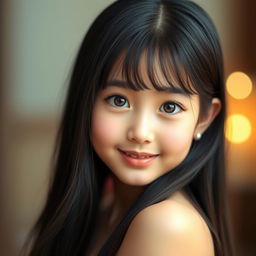 A captivating portrait of a beautiful girl with long black hair, big expressive eyes, and a lovely face