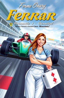 A romantic drama book cover illustration depicting a Ferrari Formula 1 racing car speeding down a racetrack, with a passionate, determined male driver wearing a Ferrari helmet and suit