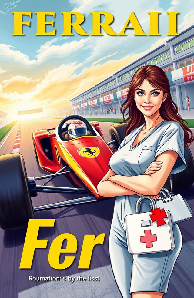 A romantic drama book cover illustration depicting a Ferrari Formula 1 racing car speeding down a racetrack, with a passionate, determined male driver wearing a Ferrari helmet and suit