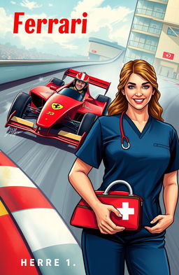 A romantic drama book cover illustration depicting a Ferrari Formula 1 racing car speeding down a racetrack, with a passionate, determined male driver wearing a Ferrari helmet and suit