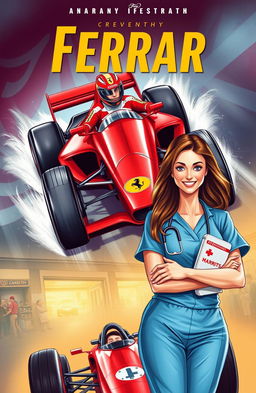 A romantic drama book cover illustration depicting a Ferrari Formula 1 racing car speeding down a racetrack, with a passionate, determined male driver wearing a Ferrari helmet and suit