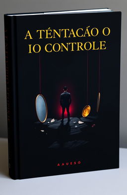 A minimalistic and impactful book cover for 'A Tentação do Controle', featuring a dark color palette with deep black and navy blue contrasted by golden and red accents symbolizing power and temptation