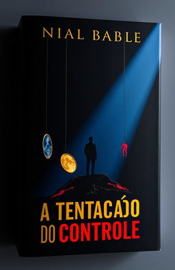 A minimalistic and impactful book cover for 'A Tentação do Controle', featuring a dark color palette with deep black and navy blue contrasted by golden and red accents symbolizing power and temptation