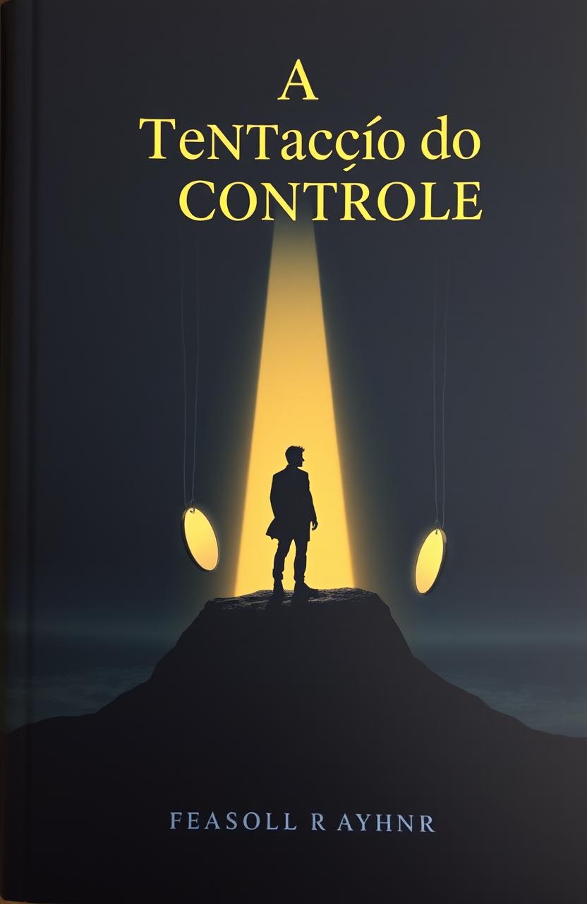 A minimalistic and impactful book cover for 'A Tentação do Controle', featuring a dark color palette with deep black and navy blue contrasted by golden and red accents symbolizing power and temptation
