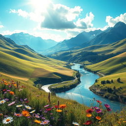 A highly detailed and realistic image of a serene landscape showcasing rolling hills bathed in sunlight, a tranquil river winding through the scene, and a clear blue sky with fluffy white clouds