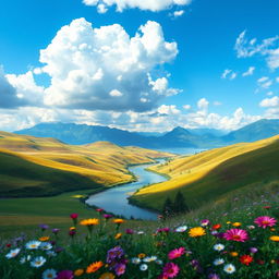 A highly detailed and realistic image of a serene landscape showcasing rolling hills bathed in sunlight, a tranquil river winding through the scene, and a clear blue sky with fluffy white clouds