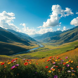 A highly detailed and realistic image of a serene landscape showcasing rolling hills bathed in sunlight, a tranquil river winding through the scene, and a clear blue sky with fluffy white clouds