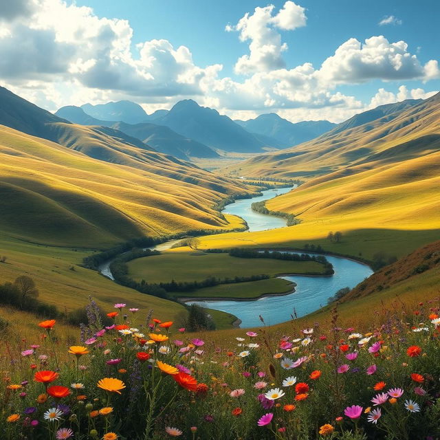 A highly detailed and realistic image of a serene landscape showcasing rolling hills bathed in sunlight, a tranquil river winding through the scene, and a clear blue sky with fluffy white clouds